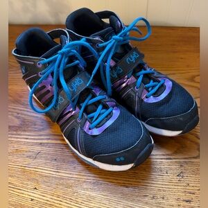 Ryka Tenacity Black and Purple High Top Sneakers with Blue Laces